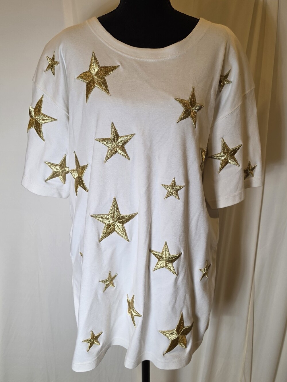Vintage August Max Woman White Gold Star Applique Oversized Sweatshirt Size X